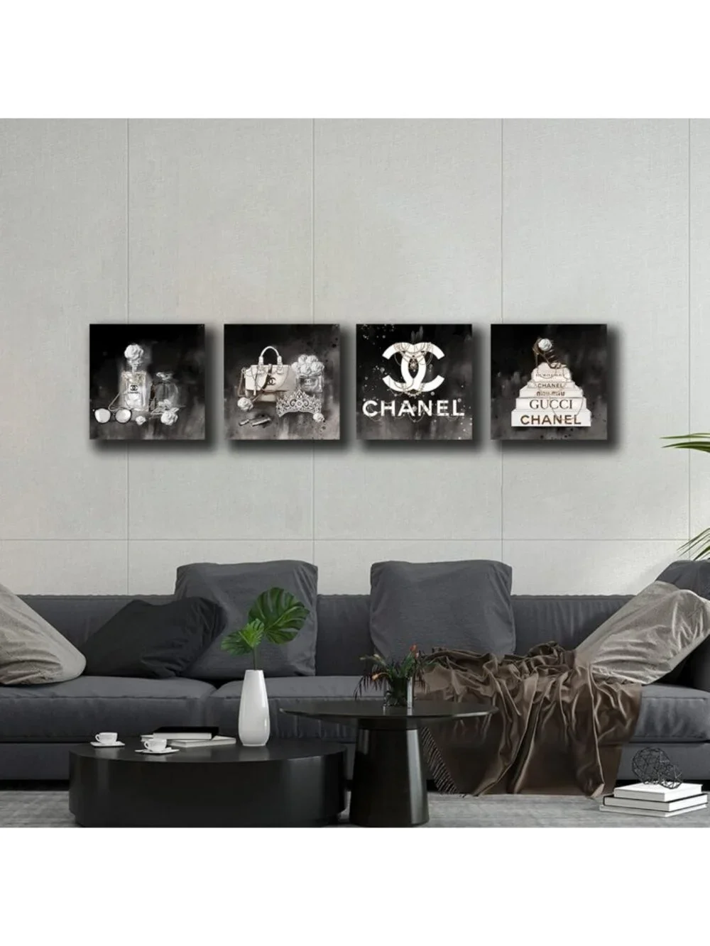 Chic Black & White High Heel Rose Canvas Wall Art - 4 Panel Modern Decor for